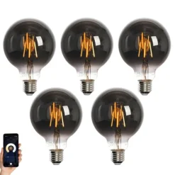 LUEDD Set mit 5 Smart E27 LED-Glühbirnen G95 Rauch 4W 60lm 1800-3000K