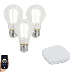 QAZQA Set mit 3 smarten E27 dimmbaren LED-Glühbirnen A60 7W 806LM 2700-6500K inkl. Zigbee Smart Hub