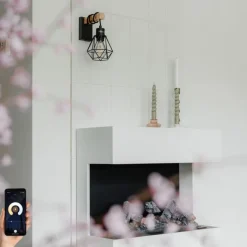 QAZQA Smart Wall Lamp Black with Wood Incl. WiFi A60 - Chon
