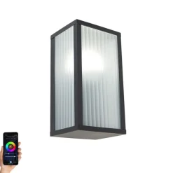 QAZQA Smarte Außenwandleuchte schwarz mit geripptem Glas inkl. WLAN A60 - Charlois