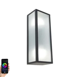 QAZQA Smarte Außenwandleuchte schwarz mit geripptem Glas inkl. 2 WiFi A60 - Charlois