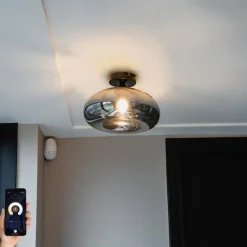 QAZQA Smarte Deckenleuchte schwarz mit Rauchglas inkl. WLAN P45 - Busa