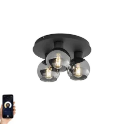 QAZQA Smarte Deckenleuchte Schwarz mit Rauchglas 3-flammig inkl. WiFi A60 - Vidro