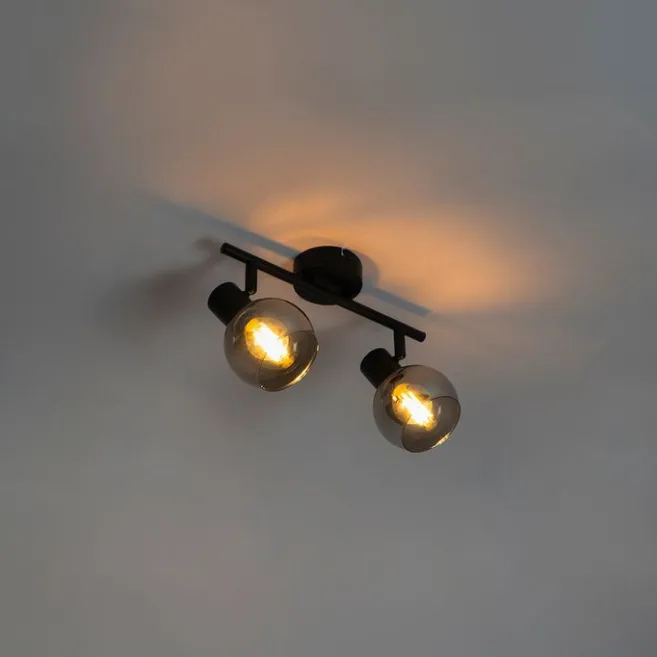 QAZQA Smarte Deckenleuchte schwarz mit Rauchglas inkl. 2 WiFi P45 - Vidro