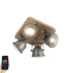 QAZQA Smarte Deckenleuchte Stahl mit Holz inkl. 4 WiFi GU10 - Emado