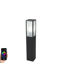 QAZQA Smarte Steh-Außenleuchte schwarz mit geriffeltem Glas 80 cm inkl. WLAN A60 - Charlois
