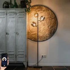 QAZQA Smarte Stehleuchte Schwarz mit Gold und Rauchglas 3-flammig inkl. 3 Wifi P45 - Zuzanna