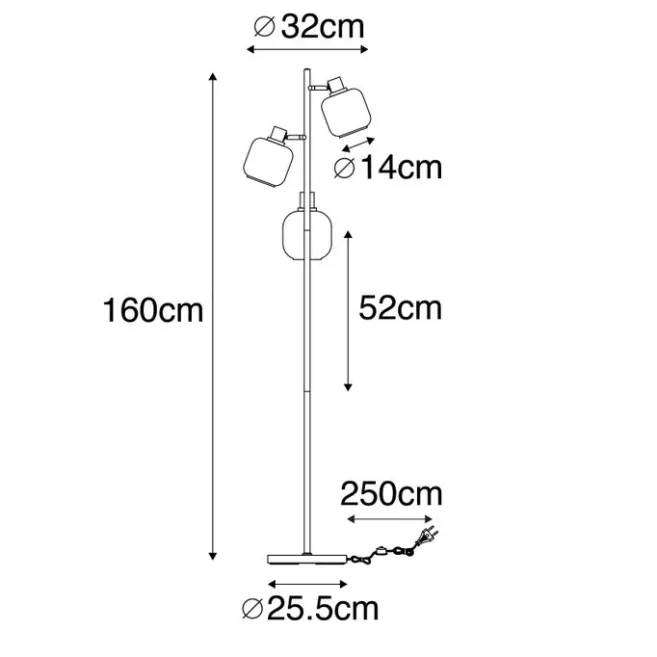 QAZQA Smarte Stehleuchte Schwarz mit Gold und Rauchglas 3-flammig inkl. 3 Wifi P45 - Zuzanna