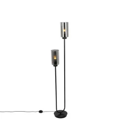 QAZQA Smarte Stehleuchte Schwarz mit Rauchglas 2-flammig inkl. 2 Wifi ST64 - Laura