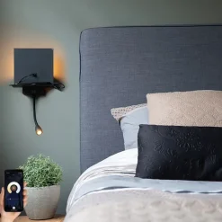 QAZQA Smarte Wandleuchte schwarz mit USB und Flexarm inkl. WiFi G9 - Flero