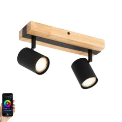 QAZQA Smarter Deckenstrahler schwarz mit Holz 2-flammig verstellbar inkl. Wifi GU10 50mm - Jeana