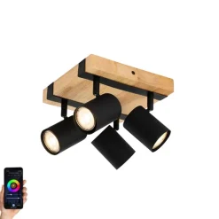 QAZQA Smarter Deckenstrahler schwarz mit Holz 4-flammig verstellbar inkl. Wifi GU10 50mm - Jeana