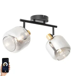 QAZQA Smarter Deckenstrahler schwarz mit Gold und Rauchglas 2-flammig inkl. 2 Wifi P45 - Zuzanna