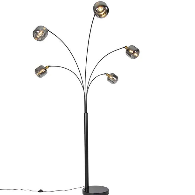QAZQA Stehlampe Schwarz mit Gold mit Rauchglas 5 Lichter - Zuzanna