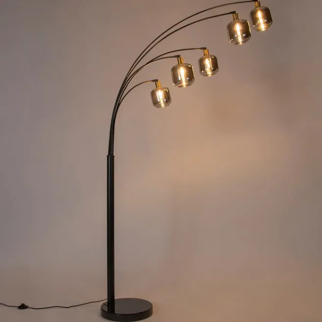 QAZQA Stehlampe Schwarz mit Gold mit Rauchglas 5 Lichter - Zuzanna