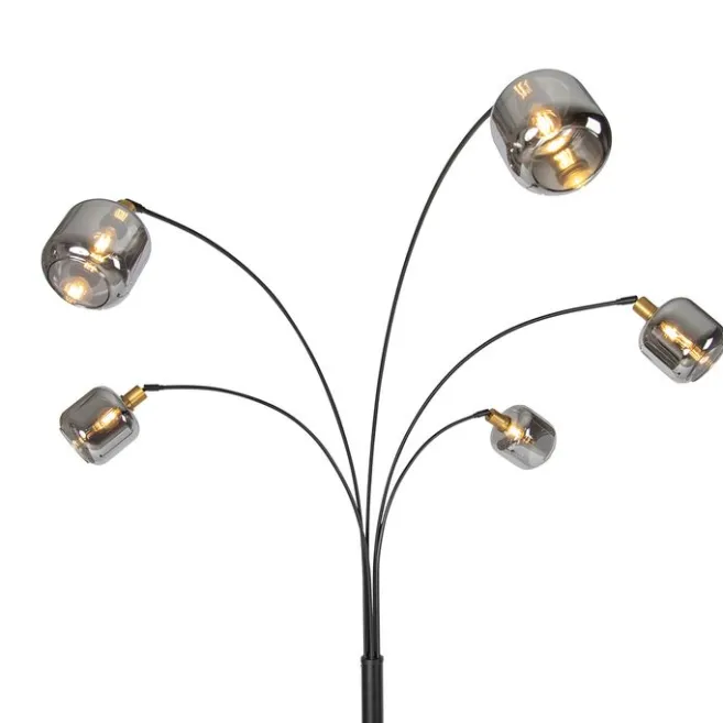 QAZQA Stehlampe Schwarz mit Gold mit Rauchglas 5 Lichter - Zuzanna