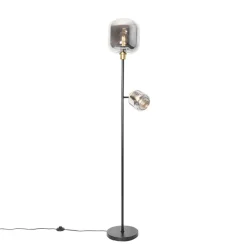 QAZQA Stehlampe schwarz mit Gold mit Rauchglas 2 Lichter - Zuzanna