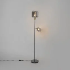 QAZQA Stehlampe schwarz mit Gold mit Rauchglas 2 Lichter - Zuzanna