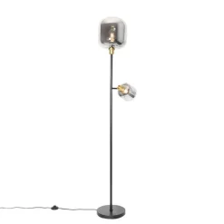 QAZQA Stehlampe schwarz mit Gold mit Rauchglas 2 Lichter - Zuzanna