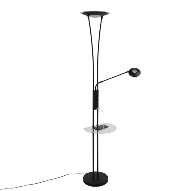 QAZQA Stehlampe schwarz mit Lesearm inkl. LED und USB-Anschluss - Sevilla