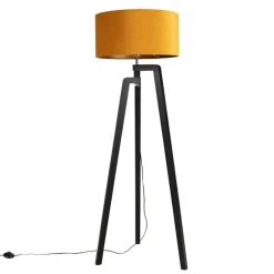 QAZQA Stehlampe Stativ schwarz mit gelbem Schirm und Gold 50 cm - Puros
