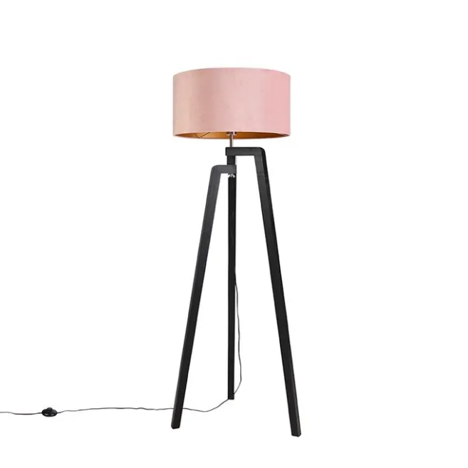 QAZQA Stehlampe Stativ schwarz mit rosa Schirm und Gold 50 cm - Puros