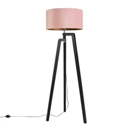QAZQA Stehlampe Stativ schwarz mit rosa Schirm und Gold 50 cm - Puros