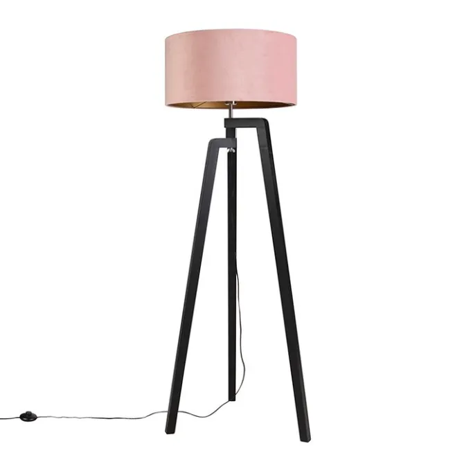 QAZQA Stehlampe Stativ schwarz mit rosa Schirm und Gold 50 cm - Puros