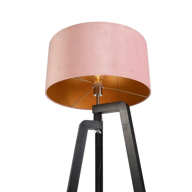 QAZQA Stehlampe Stativ schwarz mit rosa Schirm und Gold 50 cm - Puros
