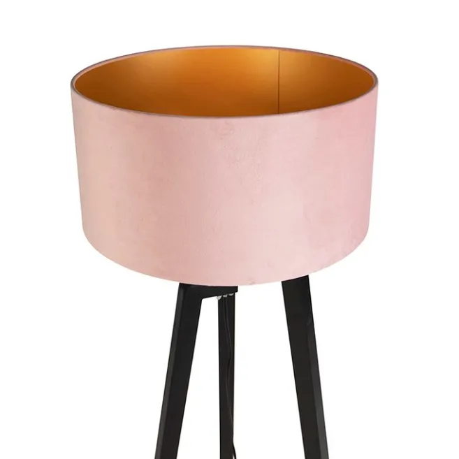 QAZQA Stehlampe Stativ schwarz mit rosa Schirm und Gold 50 cm - Puros
