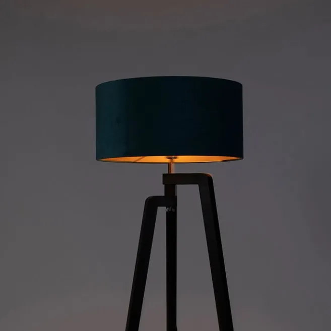 QAZQA Stehlampe Stativ schwarz mit blauem Schirm und Gold 50 cm - Puros