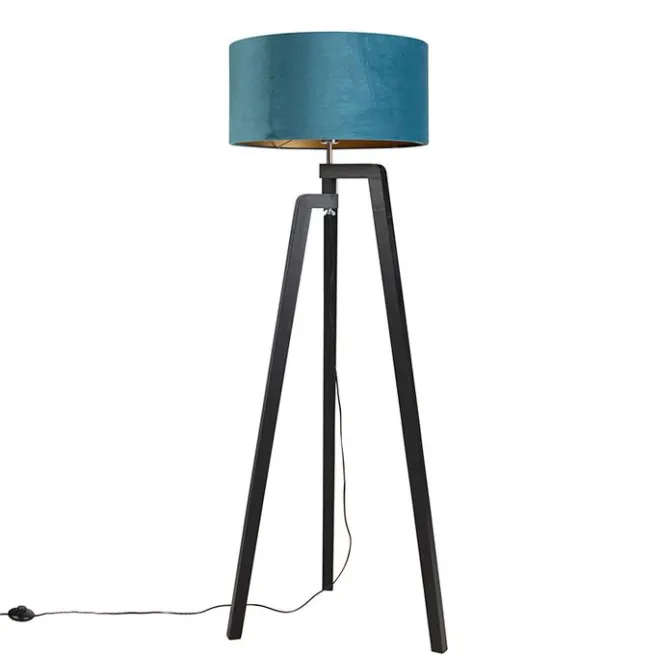 QAZQA Stehlampe Stativ schwarz mit blauem Schirm und Gold 50 cm - Puros