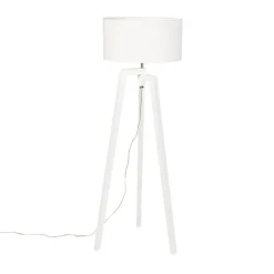 QAZQA Stehlampe Stativ weißes Holz mit weißem Schirm 50 cm - Puros