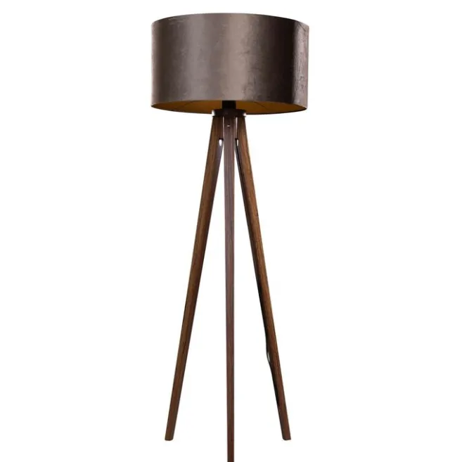 QAZQA Stehleuchte Dreibein Walnussbaum mit braunem Samt-Schirm 50cm - Tripod Classic