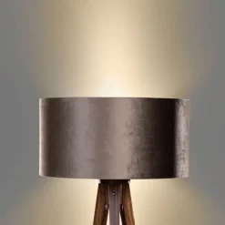 QAZQA Stehleuchte Dreibein Walnussbaum mit braunem Samt-Schirm 50cm - Tripod Classic