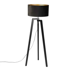 QAZQA Stehleuchte Stativ schwarz Holz mit schwarzem Schirm 50 cm - Puros