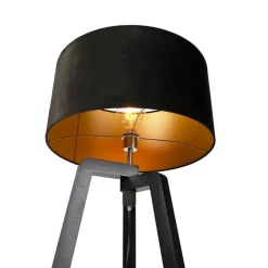 QAZQA Stehleuchte Stativ schwarz Holz mit schwarzem Schirm 50 cm - Puros