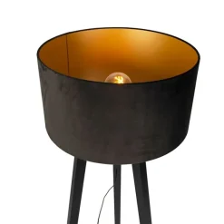 QAZQA Stehleuchte Stativ schwarz Holz mit schwarzem Schirm 50 cm - Puros