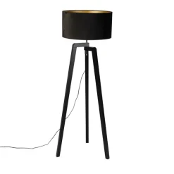 QAZQA Stehleuchte Stativ schwarz Holz mit schwarzem Schirm 50 cm - Puros