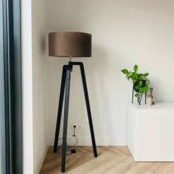 QAZQA Stehleuchte Stativ schwarz mit taupe Schirm und Gold 50 cm - Puros