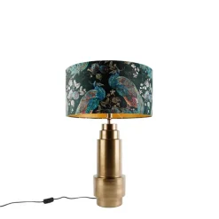 QAZQA Tischleuchte Bronze Samtlampenschirm Pfauen grün mit Gold 50 cm - Bruut