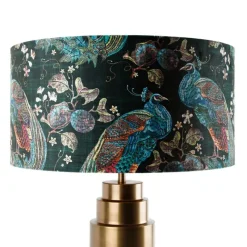 QAZQA Tischleuchte Bronze Samtlampenschirm Pfauen grün mit Gold 50 cm - Bruut