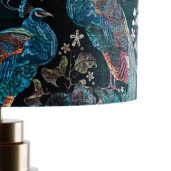 QAZQA Tischleuchte Bronze Samtlampenschirm Pfauen grün mit Gold 50 cm - Bruut