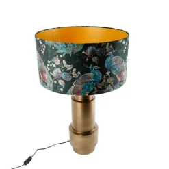 QAZQA Tischleuchte Bronze Samtlampenschirm Pfauen grün mit Gold 50 cm - Bruut
