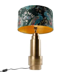 QAZQA Tischleuchte Bronze Samtlampenschirm Pfauen grün mit Gold 50 cm - Bruut