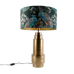 QAZQA Tischleuchte Bronze Samtlampenschirm Pfauen grün mit Gold 50 cm - Bruut