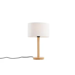 QAZQA Tischleuchte Holz mit ovalem Leinenschirm weiß 25cm - Mels