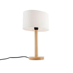 QAZQA Tischleuchte Holz mit ovalem Leinenschirm weiß 25cm - Mels