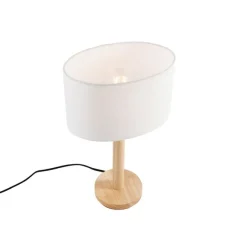 QAZQA Tischleuchte Holz mit ovalem Leinenschirm weiß 25cm - Mels