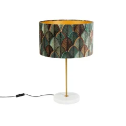 QAZQA Tischleuchte Messing mit Samtlampenschirm Blattdesign und goldener Innenseite - Kaso